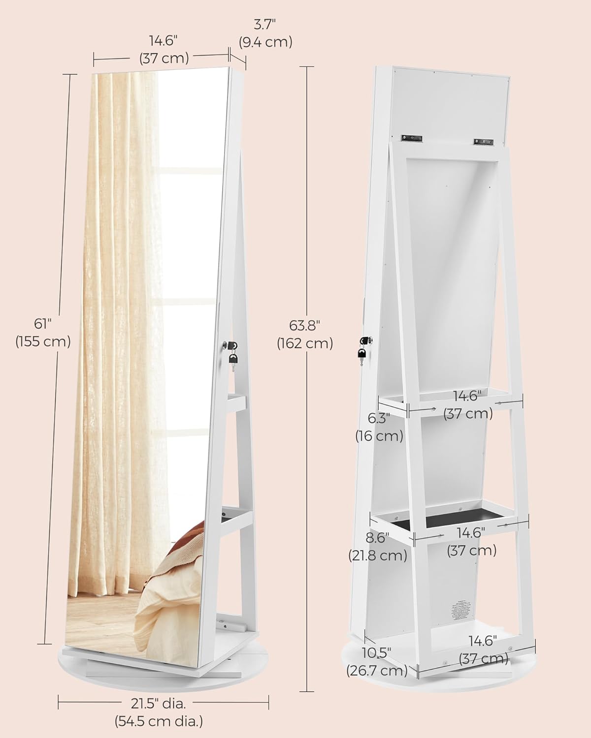 Szafka na Biżuterię 3 w 1 z Obrotowym Lusterkiem Stojącym i Oświetleniem LED