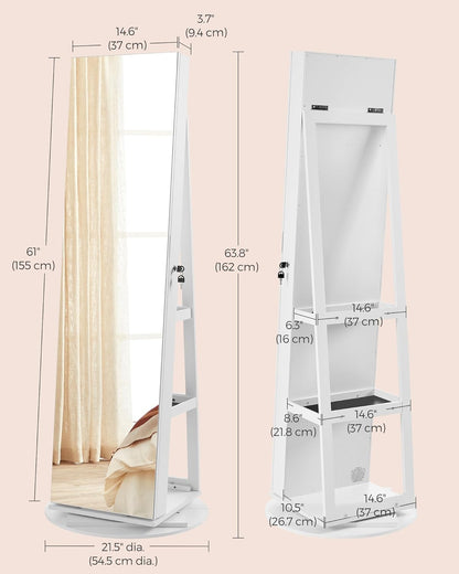 Szafka na Biżuterię 3 w 1 z Obrotowym Lusterkiem Stojącym i Oświetleniem LED